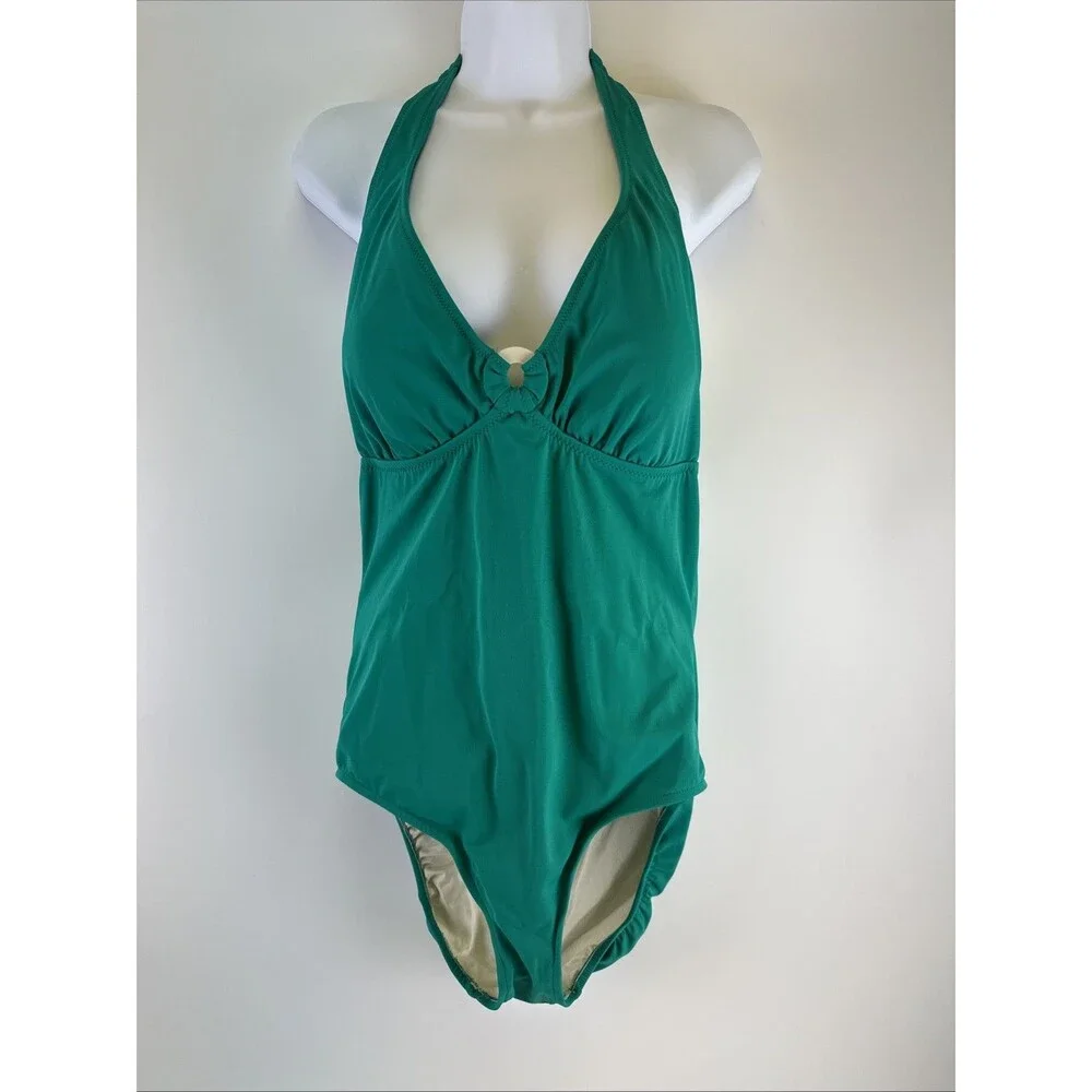 Lands End One Piece Swimsuit Green Halter Tie Neck Ring‎ V-Neck Beach Plus 18